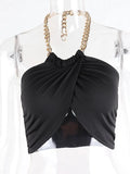 Hot Sell Summer Fashion Chic Halter Chain Crop Tops for Women Backless Cropped Black Wrap Top