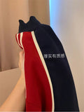 Women's Clothing Mid Height Collar Sweatshirt Pullover Patchwork Contrast Color Aesthetic Harajuku Casual Loose Long Sleeve Tops