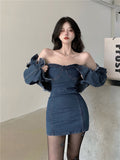 Women's Suit Tight Mini Denim Dress Cardigan Jacket Vintage Corset Dress Fashion Two Piece Sexy Women Clothing Korean Style