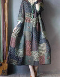 Oversized Summer Vintage Ethnic Style Dress Women Loose Fashion Casual Plaid Floral Dress Korea Ladies Long Dresses