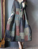 Oversized Summer Vintage Ethnic Style Dress Women Loose Fashion Casual Plaid Floral Dress Korea Ladies Long Dresses