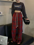 QWEEK Korean Fashion Red Plaid Pants Women Y2K Vintage Green Oversized Wide Leg Checkered Trousers Harajuku Jogging Sweatpants