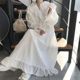 Getadme Elegant Lace Peter Pan Collar Ruffle Pleated Loose White Flared Sleeve Dresses for Women Maxi Casual Swing Clothes Fall