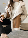 Getadme-Autumn Winter Women's Coats New Casual Loose Patchwork Outerwear Harem Korean Vintage Crop Pockets Lambhair Jacket Women