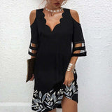 Getadme-Dress Women Elegant V Neck Summer Off Shoulder Lace Mesh Patchwork Mini Dress Female Loose Print Beach Short Dress