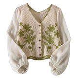 Women Casual V-Neck Button Down Cropped Cardigan Puff Long Sleeve Elegant Embroidery Floral for JACKET Cover Up Blouse