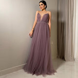 Getadme-Elegant Tulle Evening Dresses Sleeveless V-Neck Spaghetti Strap A-Line Pleat Ruched Saudi Arabic Prom Dress Celebrity Gown