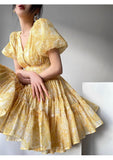 Getadme-Women's Yellow Print V-Neck Bubble Short Sleeve Dress Summer New Elegant Style Female A-line Patchwork Vintage Short Skirt