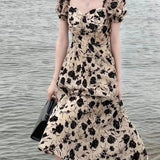 Summer New Women's Fragmented Flower Dress French Black Rose Print Long Dress Slightly Slim Elegant Luxurious Large Skirt