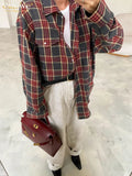 Getadme-Clacive Fashion Loose Plaid Women'S Blouse Elegant Lapel Long Sleeve Office Shirts And Blouses Vintage Pocket Lace-Up Top Female