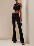 Sexy  2 Two Piece Set Rose Flower Crop Top Women Corset 2023 Summer Off Shoulder Sleeveless Short Tops Vest Flared Pants