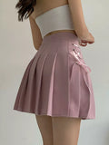 Women Skirt Pink Bandage Pleated Skirts High Waist Solid Skinny Summer Kawaii Preppy Style Female Clothes Bottom Students Korean