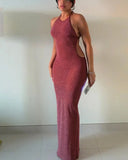 Glitter Backless Halter Maxi Dress Bodycon See Through Women Autumn Bandage Sexy Long Dresses Party Club Evening Vestido
