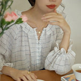 플레드 슈퍼 코튼 리넨 원사 피터팬 칼라 긴팔 여성 셔츠 블라우스 2022년 봄 여름 신상품