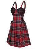 Vintage Casual Women Plaid Plunge Front Ladder Cut Mini Dress Spaghetti Strap Vacation Fashion Party Dress Robe