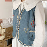Getadme Kawaii Vests Women Embroidery Single Breasted Vintage Denim Waistcoats Japanese Style All-match Prairie Chic Streetwear Retro