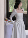 Getadme Spring New Elegant Square Collar Midi Party Dress  For Women Long Sleeve Black White Slim Vestidos Female Clothes