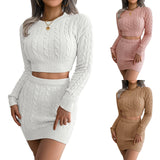 Women Fall 2 Pieces Outfits Solid Color Twist Knitted Round Neck Long Sleeve Cropped Sweater Wrapped Hip Mini Skirts Clothes Set