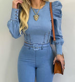 Getadme Denim Shirt Women New Light Blue Long Bubble Sleeve Blouses Skinny Slim Fit Francais Tops Korean Streetwear Blusas Mujer De Moda