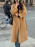 Getadme Korean Fashion Women Casual Loose Woolen Coat Elegant and Chic Solid Outerwear Long Overcoat with Belted Female Warm Cloak