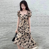 Summer New Women's Fragmented Flower Dress French Black Rose Print Long Dress Slightly Slim Elegant Luxurious Large Skirt