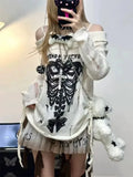 Getadme Y2k Harajuku Gothic Knitted Pullovers Women Japanese Fashion Sexy Skull Off The Shoulder Punk Girls Hole Loose Sweater