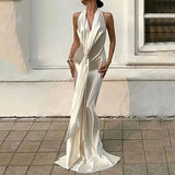 LIYONG Women Maxi Dress Fashion Elegant Solid V Neck Sleeveless Nipped Waist Pleated Evening Party Dresses High Streetwear