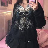 Getadme- 90s Vintage Skulls Print Black Sweatshirt Zipper Long Sleeve Autumn Hoodies Fairycore Grunge Jackets Retro Harajuku Winter Coat