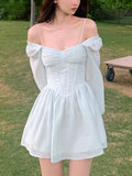 Summer Pure Color Short Party Dress Woman Long Sleeve Sweet Y2k Mini Dress Casual Elegant One Piece Dress Korean Design