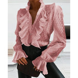 Getadme-Spring Summer New Solid Color Women's V-neck Pleated Long Sleeve Shirt Ruffle Top