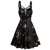 Getadme Summer Sun Moon Star Print Dress Lace Up Grommet Buckle Strap Crisscross High Waisted Fashion Mini Robe For Women