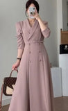 Getadme-Fashion Solid Belt Dress Women Spring Autumn Notched Long Sleeve Office Ladies Blazer Dress Female Long A-Line Black Dress