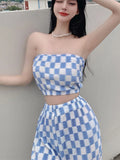 Getadme-New Summer Fashion Casual Plaid 2 Piece Set Women Strapless Crop Top + Wide Leg Pants Suits Female Sexy Outfits For Woman