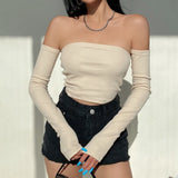 Getadme-Female Crop Tops T-shirts, Solid Color Boat Neck Off Shoulder Sexy Tops Pullover with Long Sleeves for Summer Club Wear