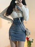 Getadme-Blue Vintage Knitted Two Piece Set Women Sexy Denim Party Mini Skirt Set Female Split Casual Fashion Skirt Suit Autumn New