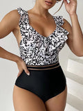 Leopard Ruffle  One Piece Swimsuit Women 2023 High Waist Mesh Tape Swimwear Female Beachwear V-neck Bathing Swimming Suit Summer
