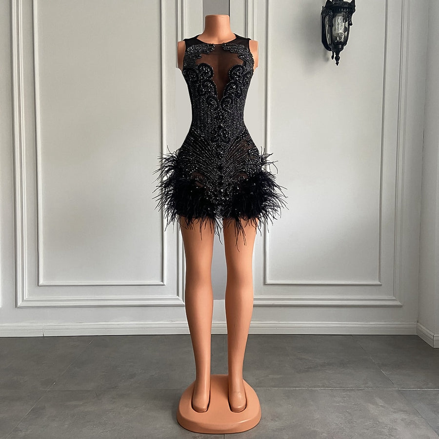 Getadme Stunning Sparkly Luxury Diamond Women Birthday Party Cocktail Gowns Sexy Sheer Pink Feather Mini Short Prom Dresses