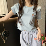 Getadme-Cropped Navel Shirt Ruffle Top Blouses Strawberry Embroidery Shirts Short Sleeve Slim fit Tees Street Women Clothing