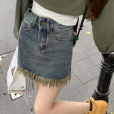 Getadme-Women's Vintage Blue Tassel Denim Skirt Summer New Chic Street Style Simple High Waisted A-line Skirt Female Mini Dress