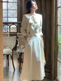 Korean Elegant Blazer 2 Piece Sets for Women Button Jacket with Tie High Waist Skirts Suit Spring Autumn Fashion Party Outfits
