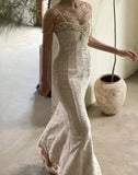 Getadme Summer Women Gorgeous Party Mermaid Prom Dress Spaghetti Strap Pearl Beading Ruffles Dress Feminine Backless Trumpet Long Dress