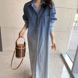 Korean chic French minority lapel gradual halo dye design single breasted loose long sleeve denim dress