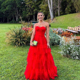 Getadme-Red Tiered Ruffles Tulle Evening Dresses Sweetheart Sleeveless A-Line Pleat Ruched Party Prom Gowns vestidos de festa