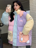 Getadme - Veste d'hiver pour femme, motif macaron, grande poche, patchwork tendance, doudoune matelassée décontractée, épaisse et chaude, à capuche en coton.
