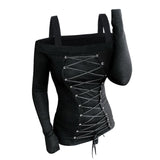 Gothic Women Casual T Shirts Cold Shoulder Lace-Up Front Ribbed T-Shirt Solid Color Long Sleeve Female Fashion Tops Tee