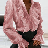 Getadme-Spring Summer New Solid Color Women's V-neck Pleated Long Sleeve Shirt Ruffle Top