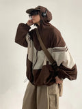 HOUZHOU Hippie Vintage Brown Bomber Jackets Women Japanese Style Harajuku Patchwork Oversized Zipper Cargo Jacket Baggy Hoodies