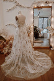 Getadme Elegant Lvory Tulle Boho Wedding Dresses 2022 Golden Celestial Star Bohemian V-neck Illusion A-line Formal Evening Prom Gowns