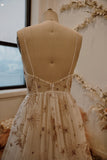 Getadme Elegant Lvory Tulle Boho Wedding Dresses 2022 Golden Celestial Star Bohemian V-neck Illusion A-line Formal Evening Prom Gowns