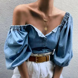 Vintage Women's Button Down Denim Shirts Casual Off Shoulder Half Lantern Sleeve Loose Pullover Top Street Wear Shirts